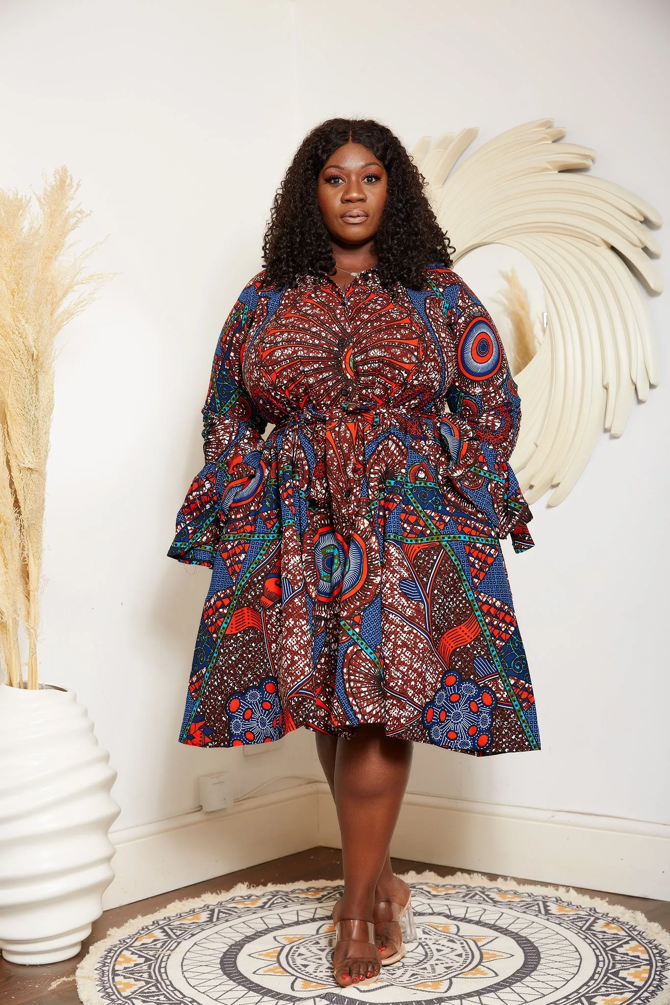 Rustic Brown African Print Long Sleeve Shirt Dress - Leila