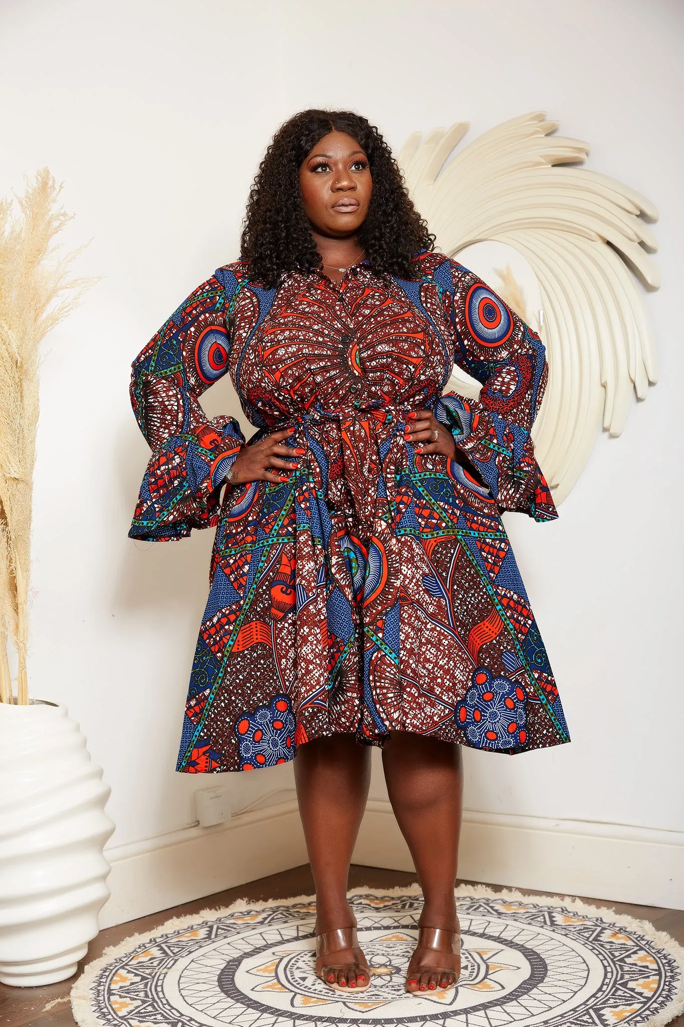 Rustic Brown African Print Long Sleeve Shirt Dress - Leila