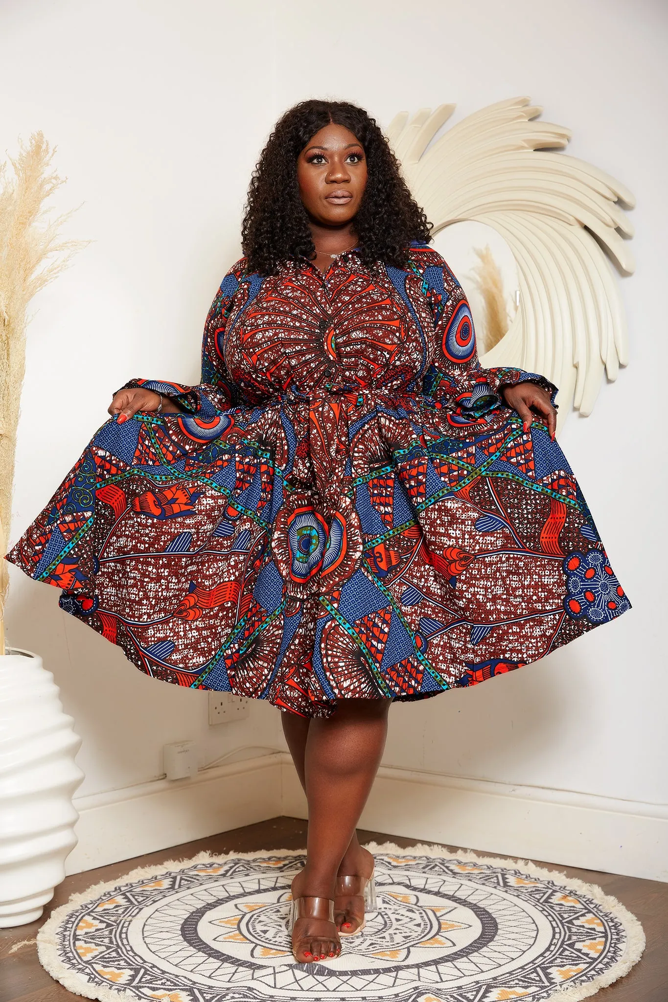 Rustic Brown African Print Long Sleeve Shirt Dress - Leila