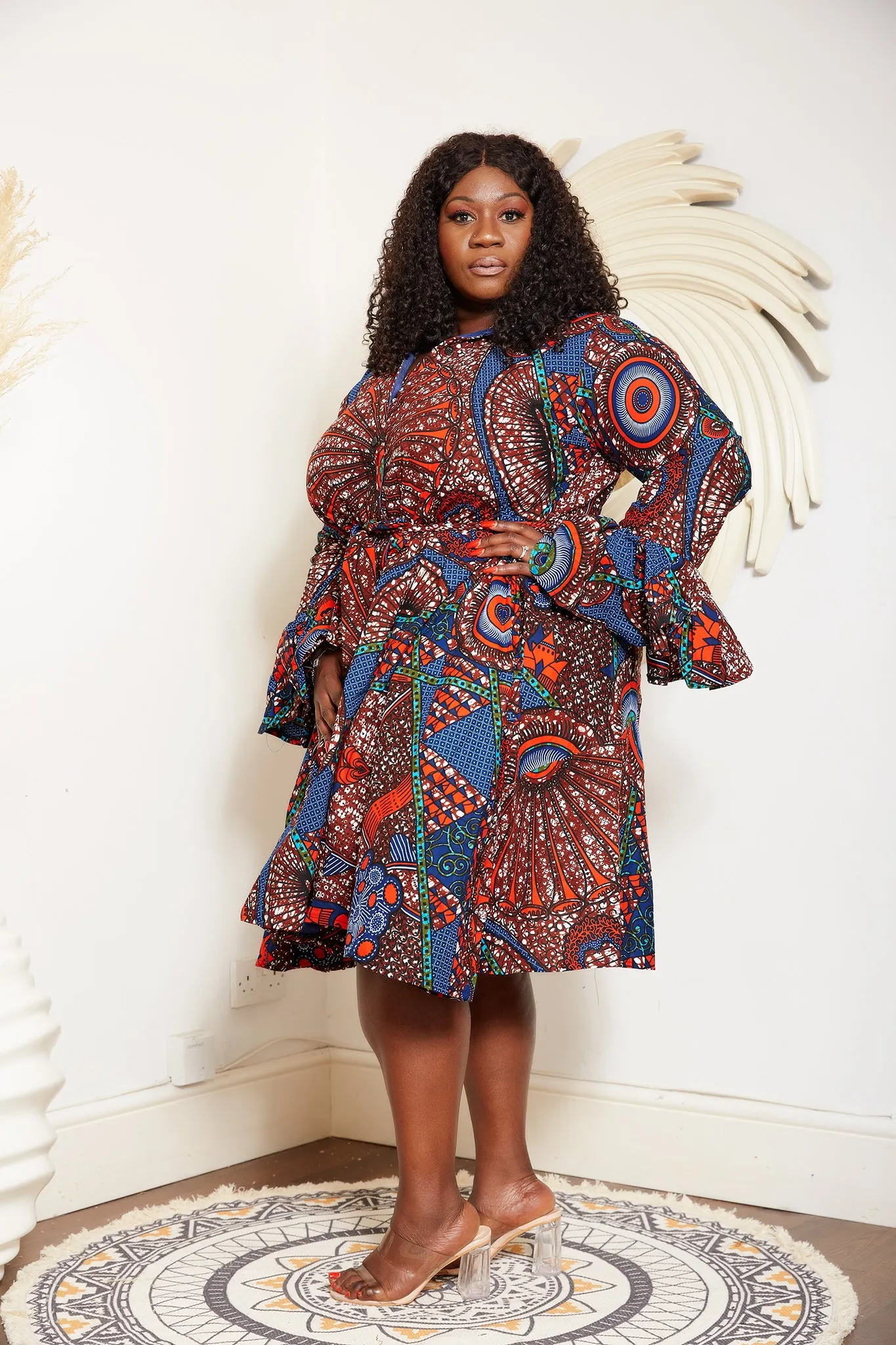 Rustic Brown African Print Long Sleeve Shirt Dress - Leila