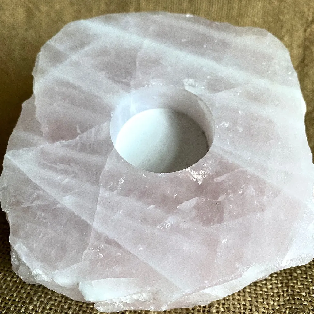 Shungite Sphere 3 Inch on Raw Rose Quartz Tea Lite Stand