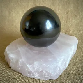 Shungite Sphere 3 Inch on Raw Rose Quartz Tea Lite Stand