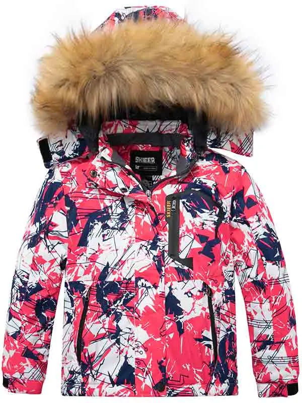 Skieer Girl's Ski Jacket Waterproof Fleece Winter Snow Coat Windproof Hooded Raincoat