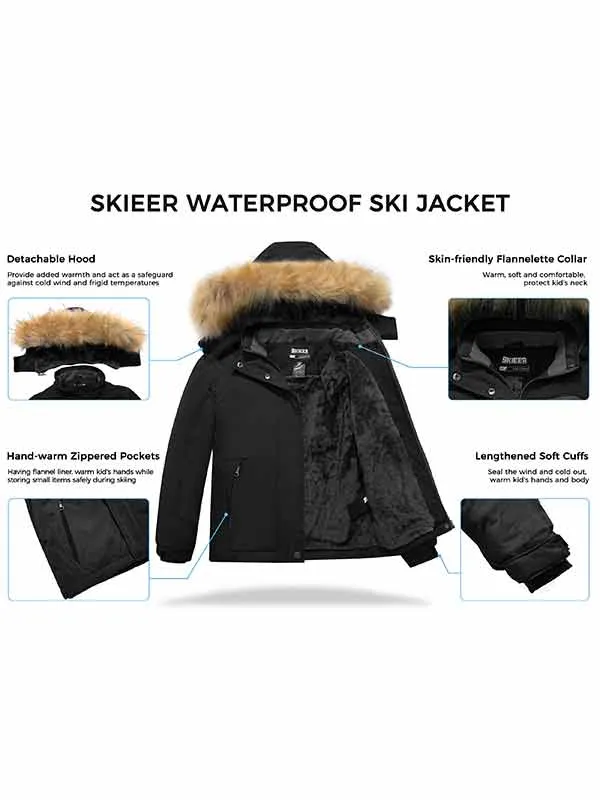 Skieer Girl's Ski Jacket Waterproof Fleece Winter Snow Coat Windproof Hooded Raincoat