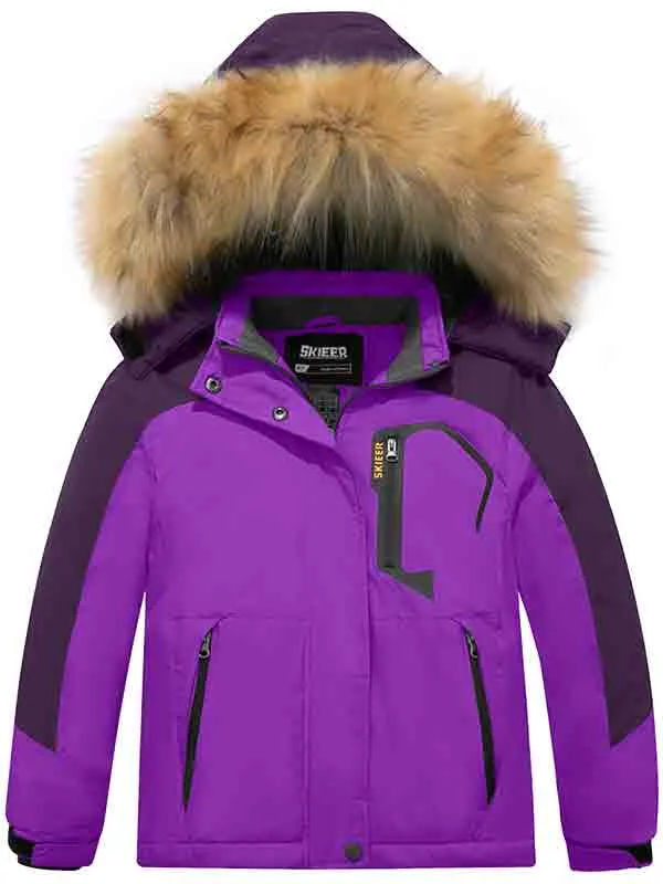 Skieer Girl's Ski Jacket Waterproof Fleece Winter Snow Coat Windproof Hooded Raincoat