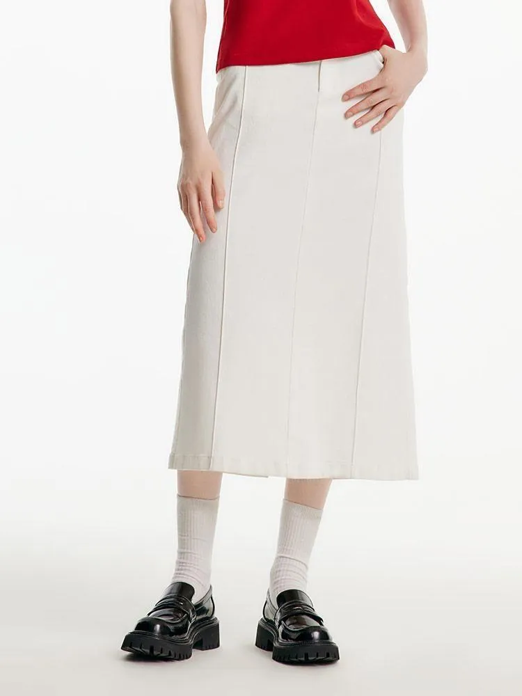 Split White Denim Long Skirt With Belt