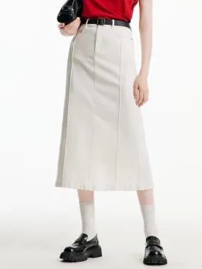 Split White Denim Long Skirt With Belt