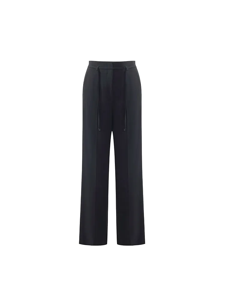 Triacetate High-Waisted Straight Women Pants With Rope Belt