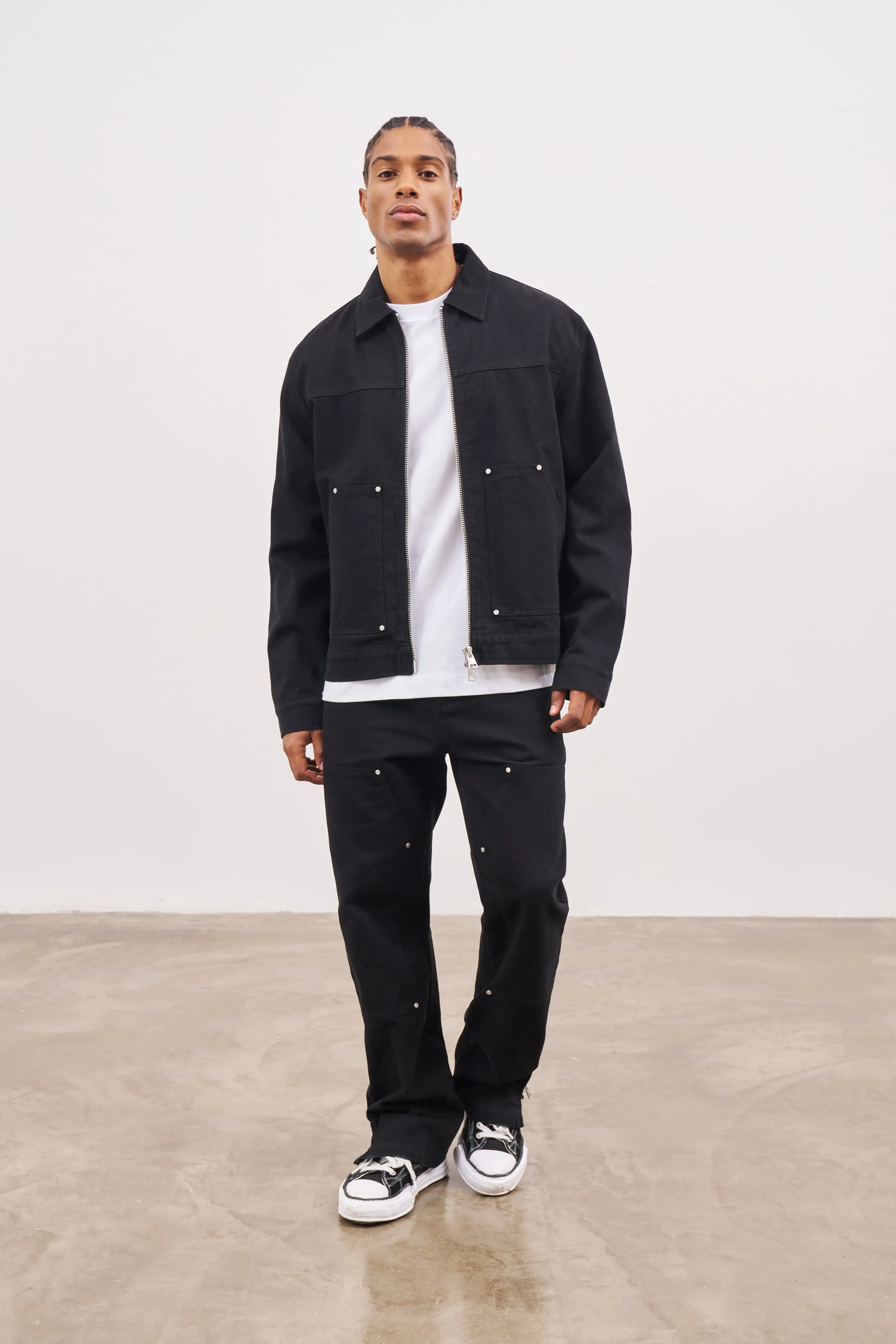 TWILL RIVET DETAIL CARPENTER JACKET - BLACK