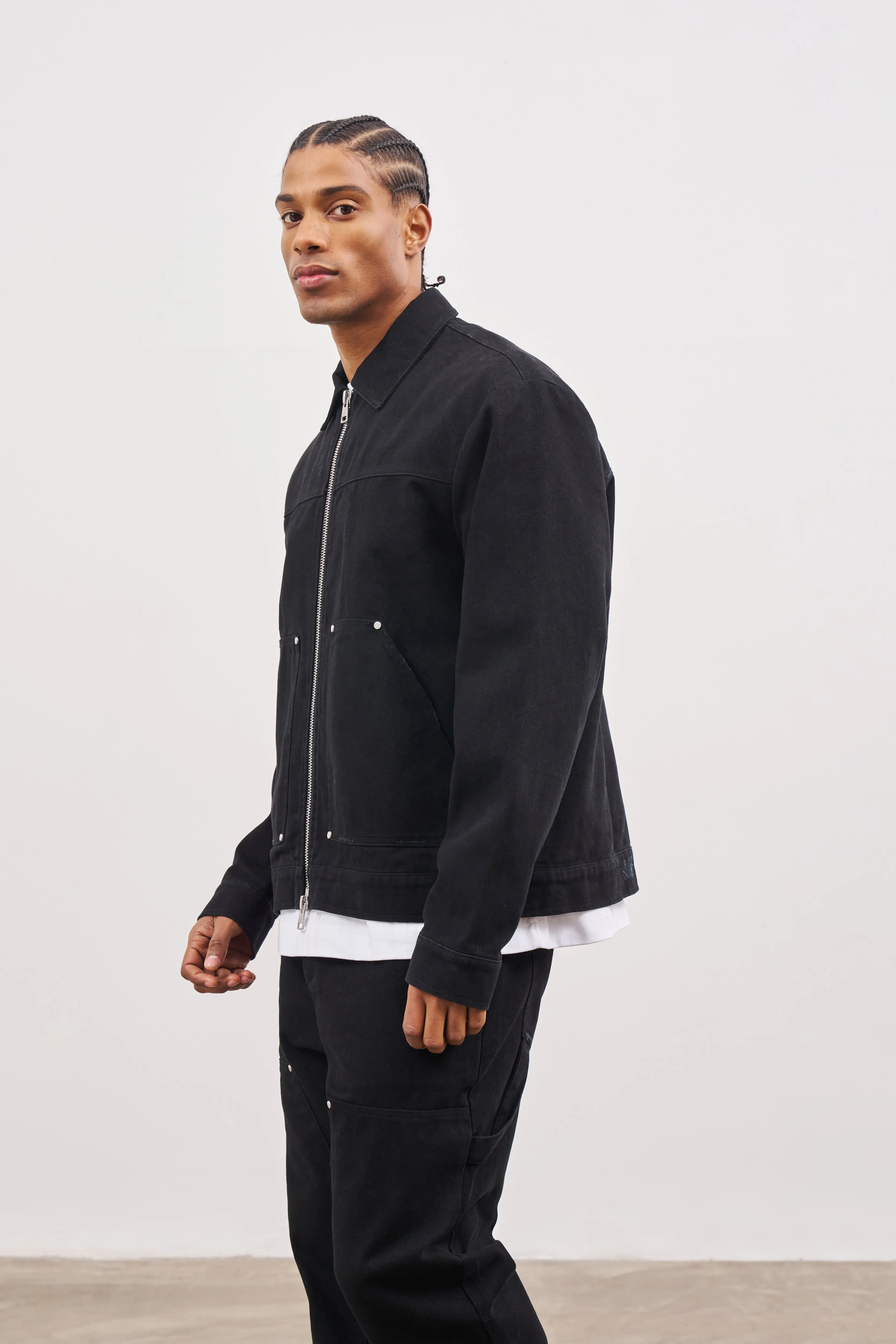 TWILL RIVET DETAIL CARPENTER JACKET - BLACK