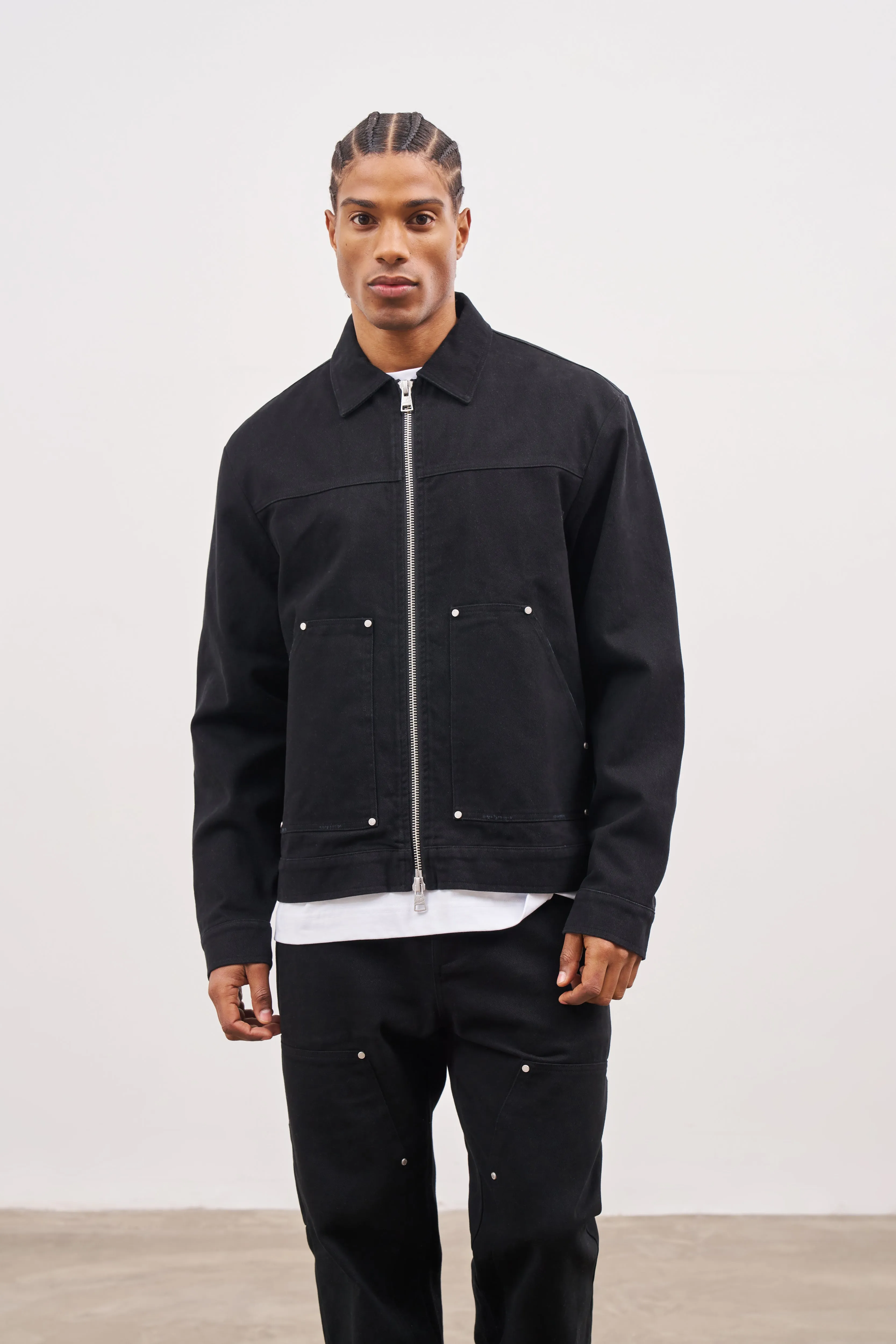 TWILL RIVET DETAIL CARPENTER JACKET - BLACK