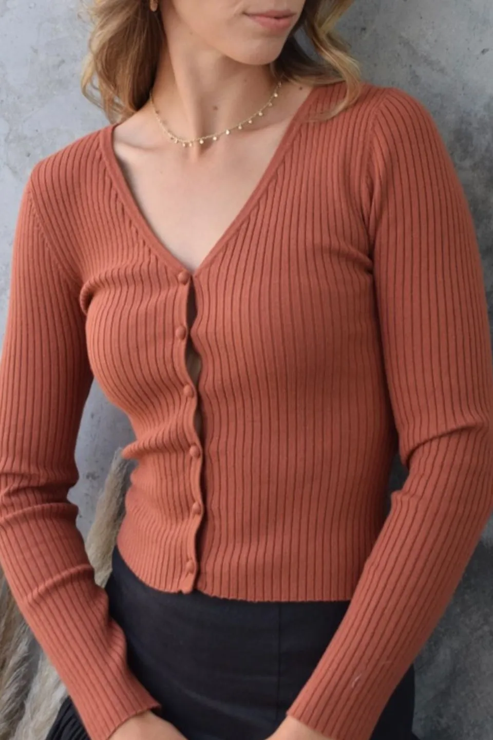 Uplifted Terracotta Rib Knit Cardigan