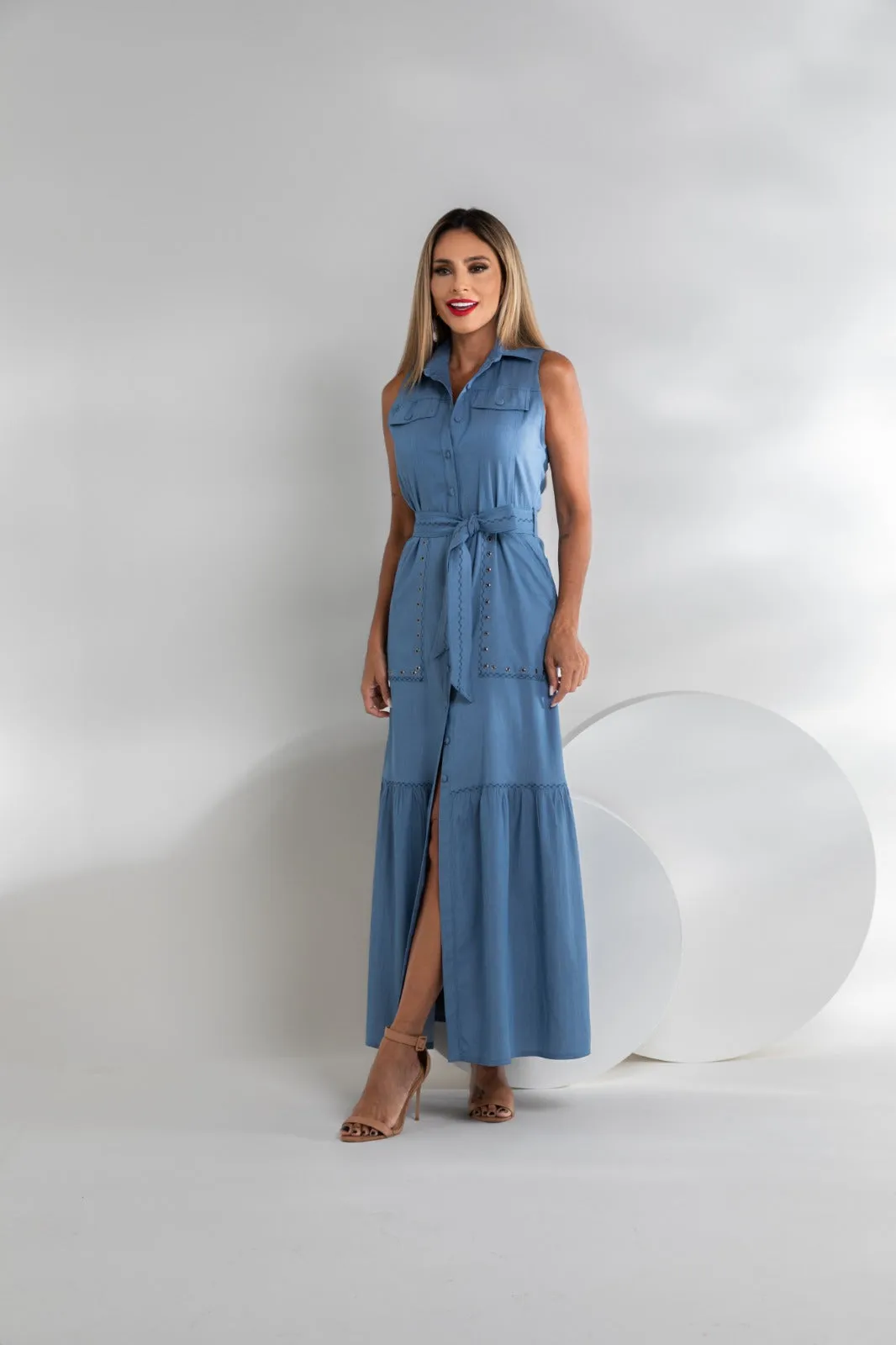 VESTIDO ARTSY AZUL SABRINA LONGO BORDADO