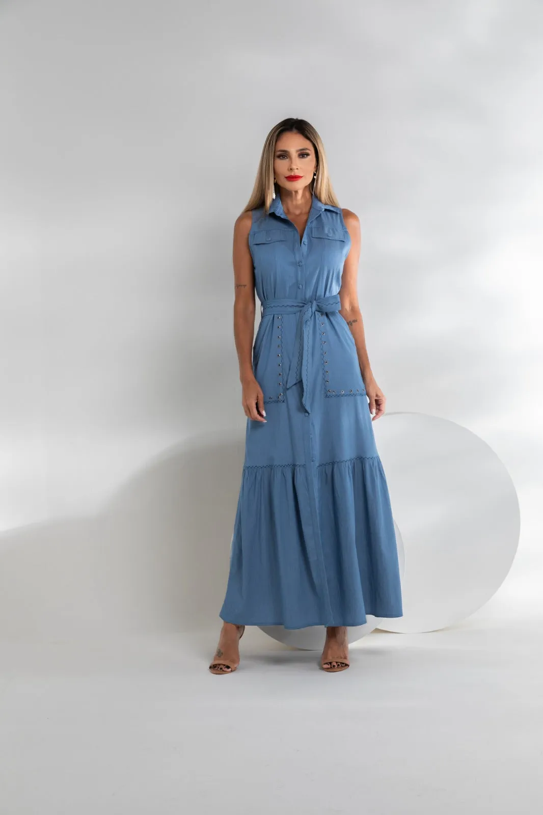 VESTIDO ARTSY AZUL SABRINA LONGO BORDADO