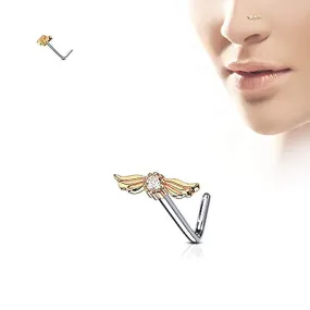 WildKlass Round CZ with Angel Wings Surgical Steel L Bend Nose Stud Rings